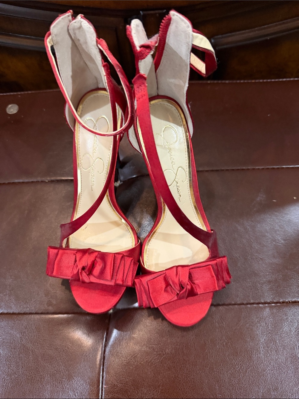 Jessica Simpson Red Satin T-Strap Bow Heels